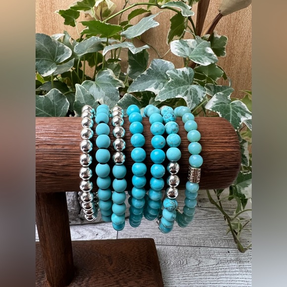 Turquoise Blue & Silver Buddha Bracelet Set -Stacked Bracelet Bead Bracelet Set - Picture 6 of 16